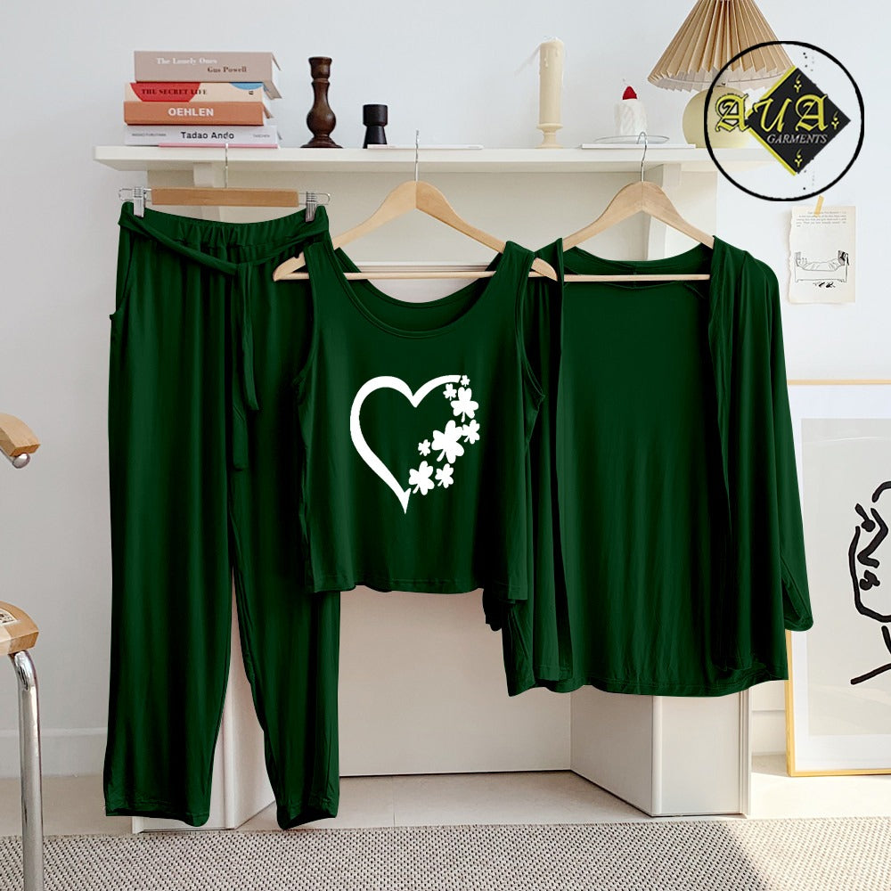 T Green Flower Heart  3 Piece Lounge wear Nightwear Sleepwear For Women