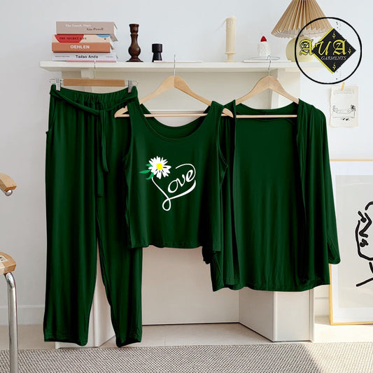 T Green Trendy Love 3 Piece Lounge wear Nightwear Sleepwear For Women