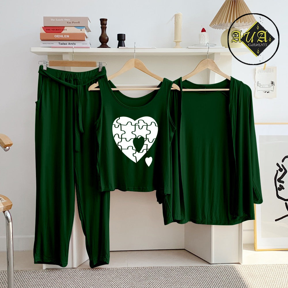 T Grren PUzzel Heart 3 Piece Lounge wear Nightwear Sleepwear For Women