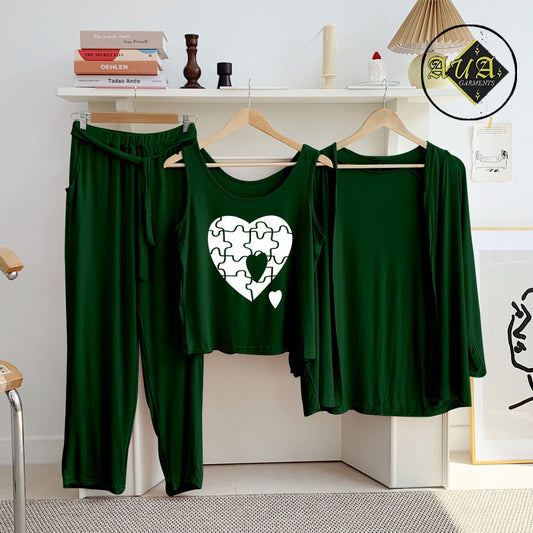 T Grren PUzzel Heart 3 Piece Lounge wear Nightwear Sleepwear For Women