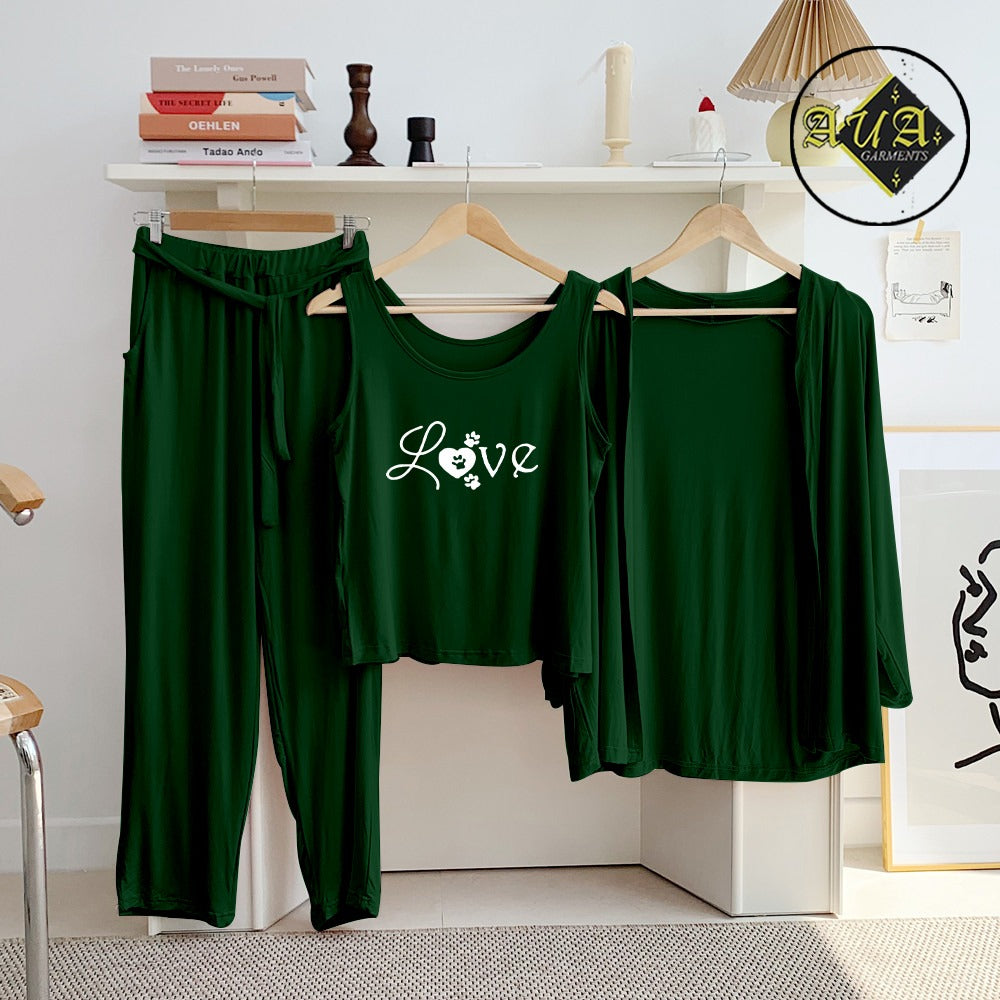 T Green Love 3 Piece Lounge wear Nightwear Sleepwear For Women