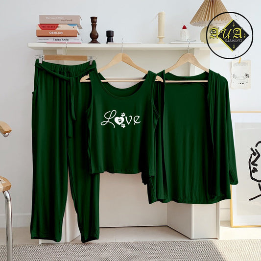 T Green Love 3 Piece Lounge wear Nightwear Sleepwear For Women