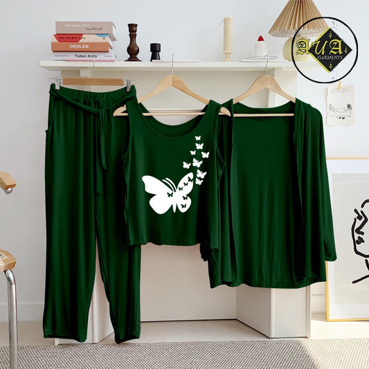 T Green Flying Butterfly Heart 3 Piece Lounge wear Nightwear Sleepwear For Women
