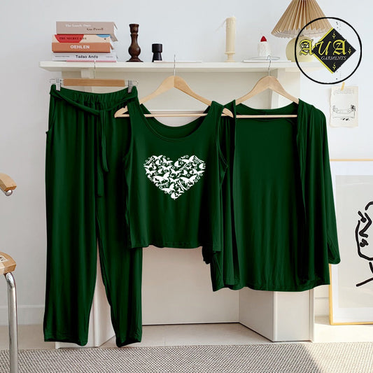 T Green Butterfly 3 Piece Lounge wear Nightwear Sleepwear For Women