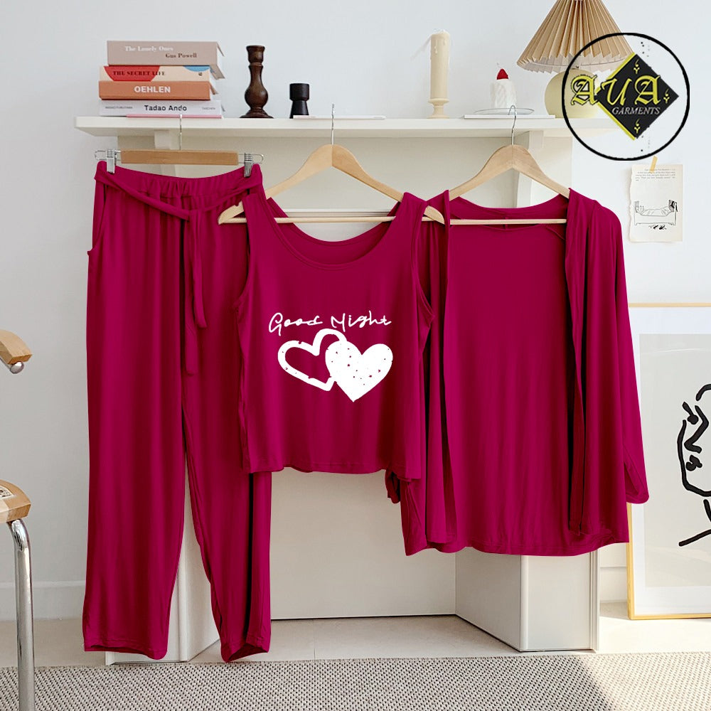 Maroon Good Night Heart 3 Piece Lounge wear Nightwear Sleepwear For Women