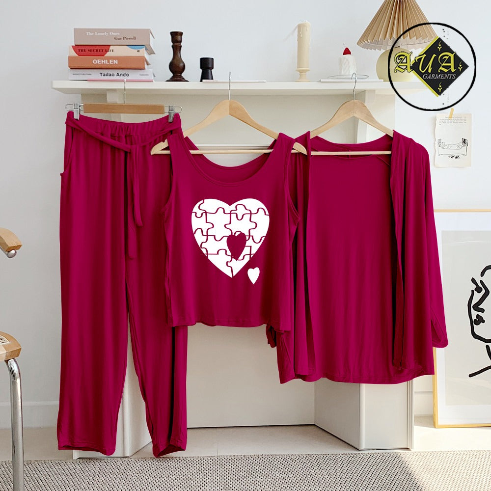 Maroon Puzzel Heart 3 Piece Lounge wear Nightwear Sleepwear For Women