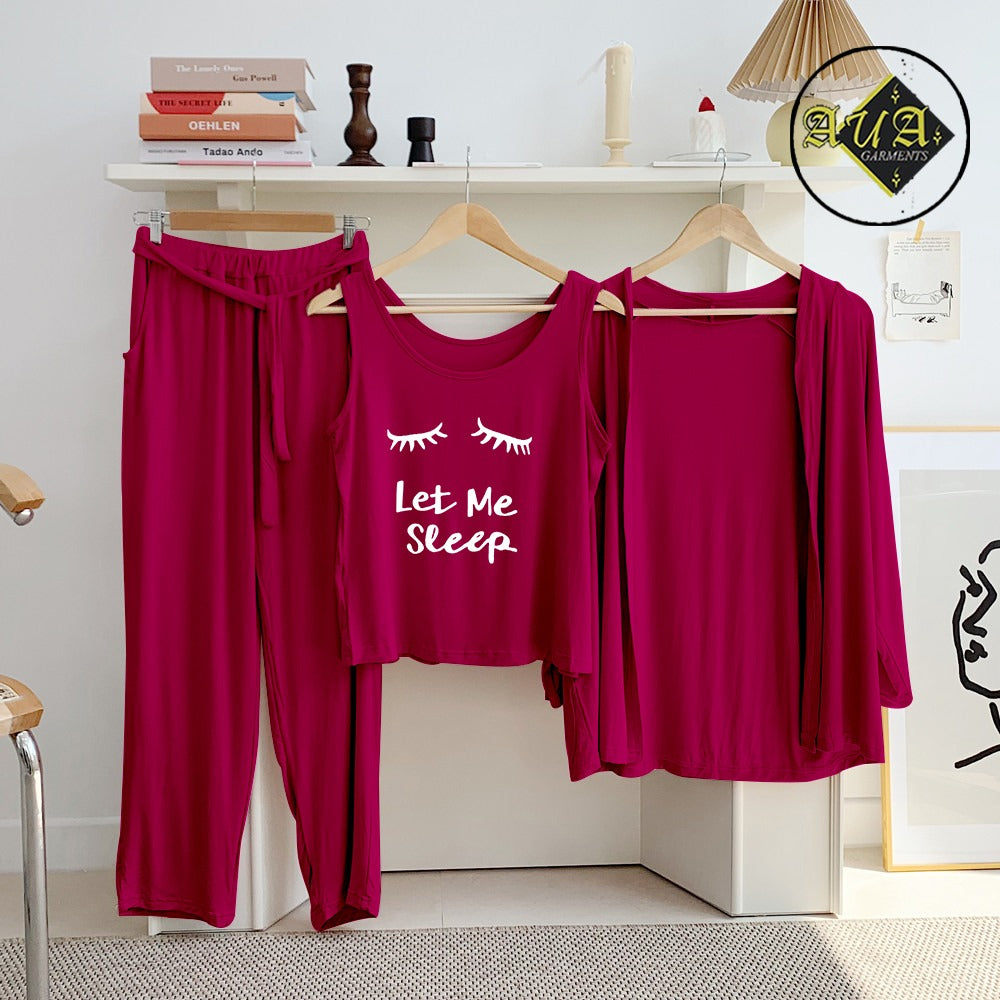 Maroon Let Me Sleep 3 Piece Lounge wear Nightwear Sleepwear For Women
