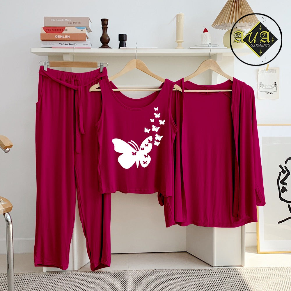 Maroon Flying Butterfly 3 Piece Lounge wear Nightwear Sleepwear For Women
