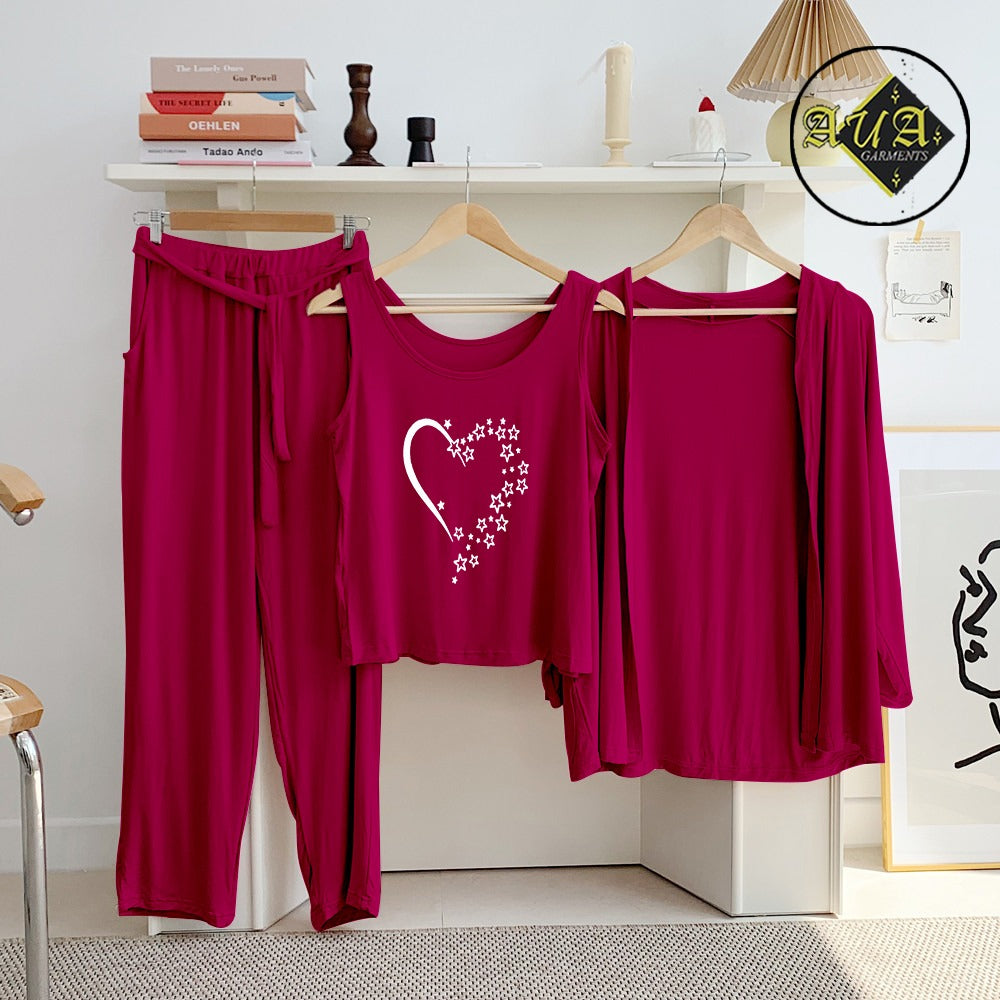 Maroon Star Heart 3 Piece Lounge wear Nightwear Sleepwear For Women