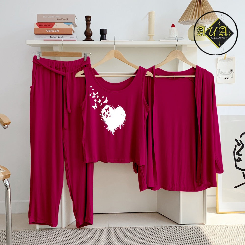 Maroon Flying Butterfly Heart 3 Piece Lounge wear Nightwear Sleepwear For Women