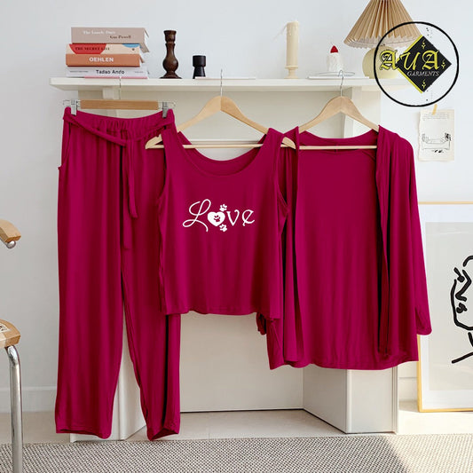 maroon Love 3 Piece Lounge wear Nightwear Sleepwear For Women