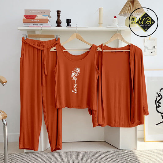 Brown Rose Love 3 Piece Lounge wear Nightwear Sleepwear For Women