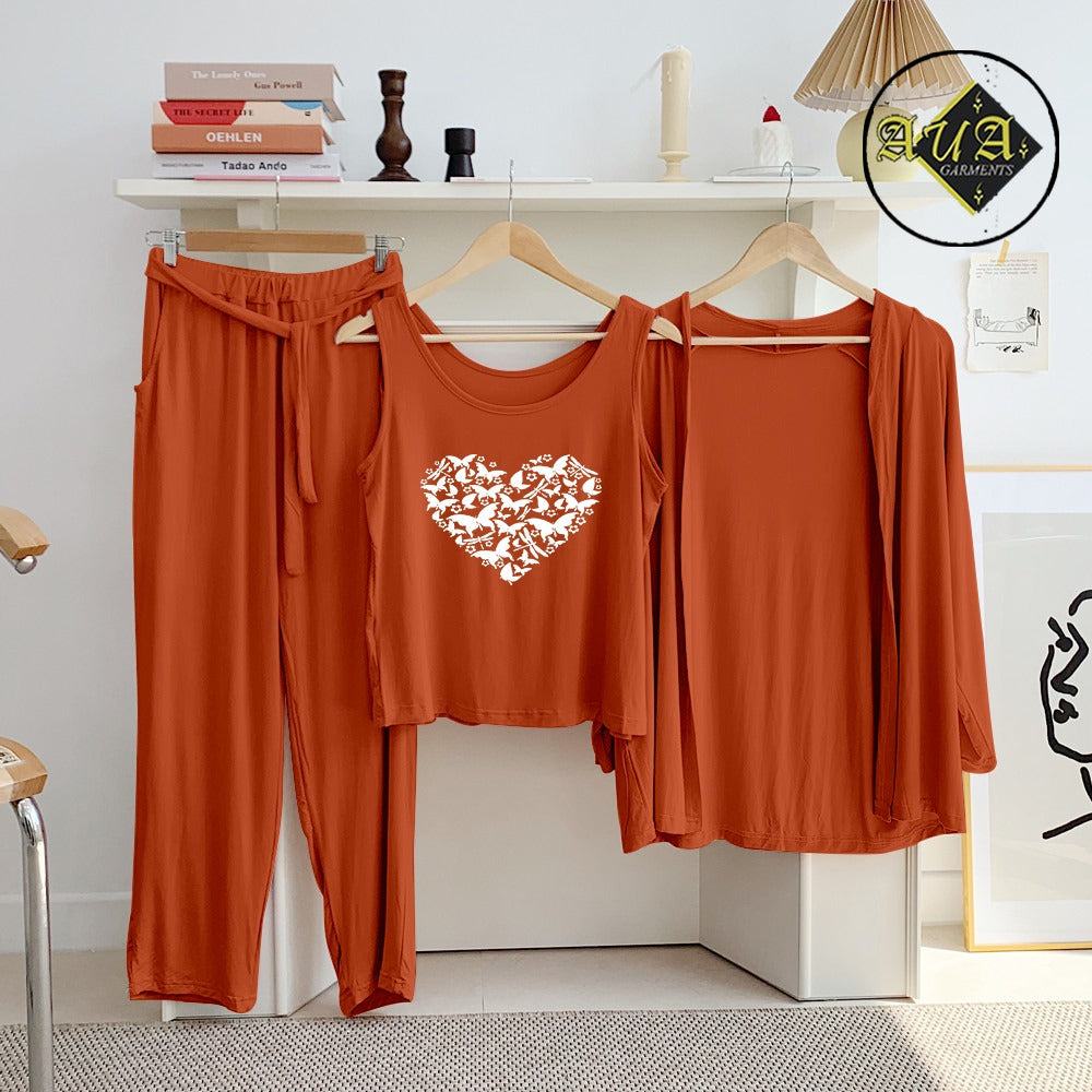 Brown Butterfly Heart 3 Piece Lounge wear Nightwear Sleepwear For Women