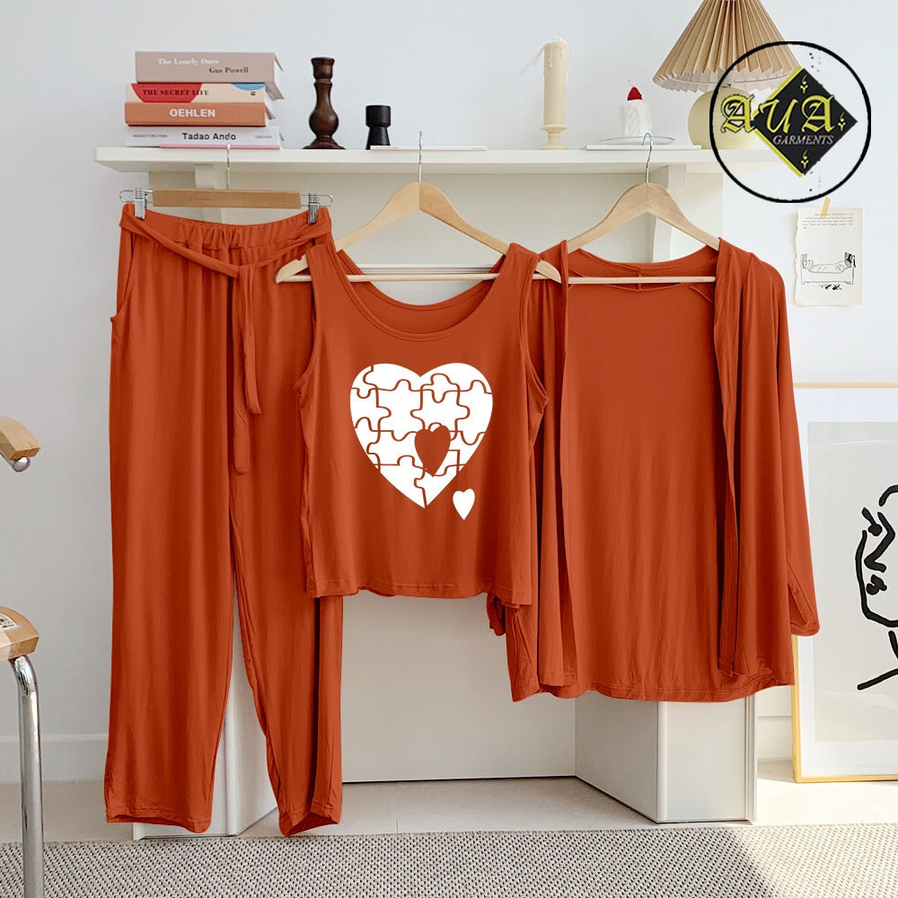 Brown Puzzwl Heart 3 Piece Lounge wear Nightwear Sleepwear For Women