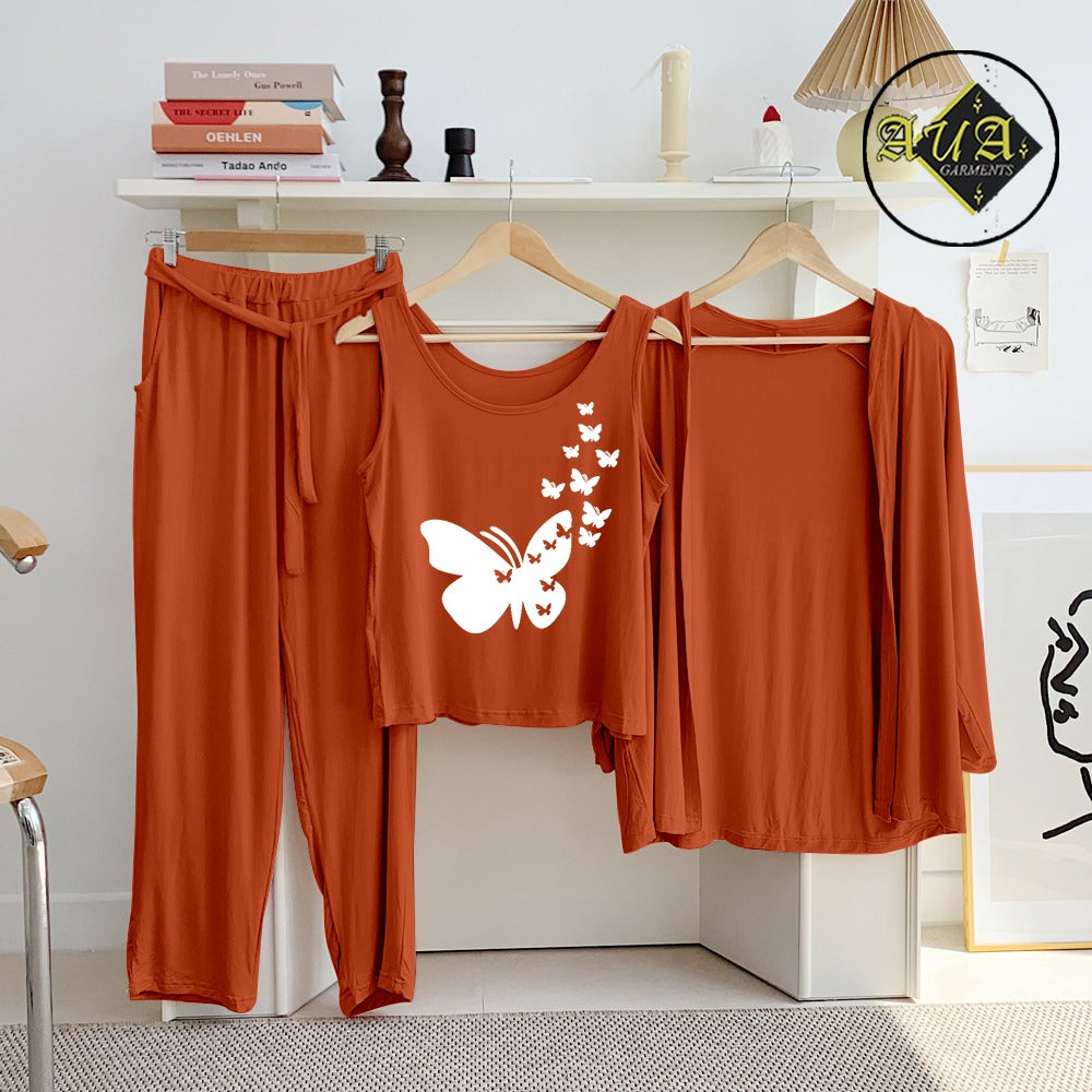 Brown Flying Butterfly 3 Piece Lounge wear Nightwear Sleepwear For Women