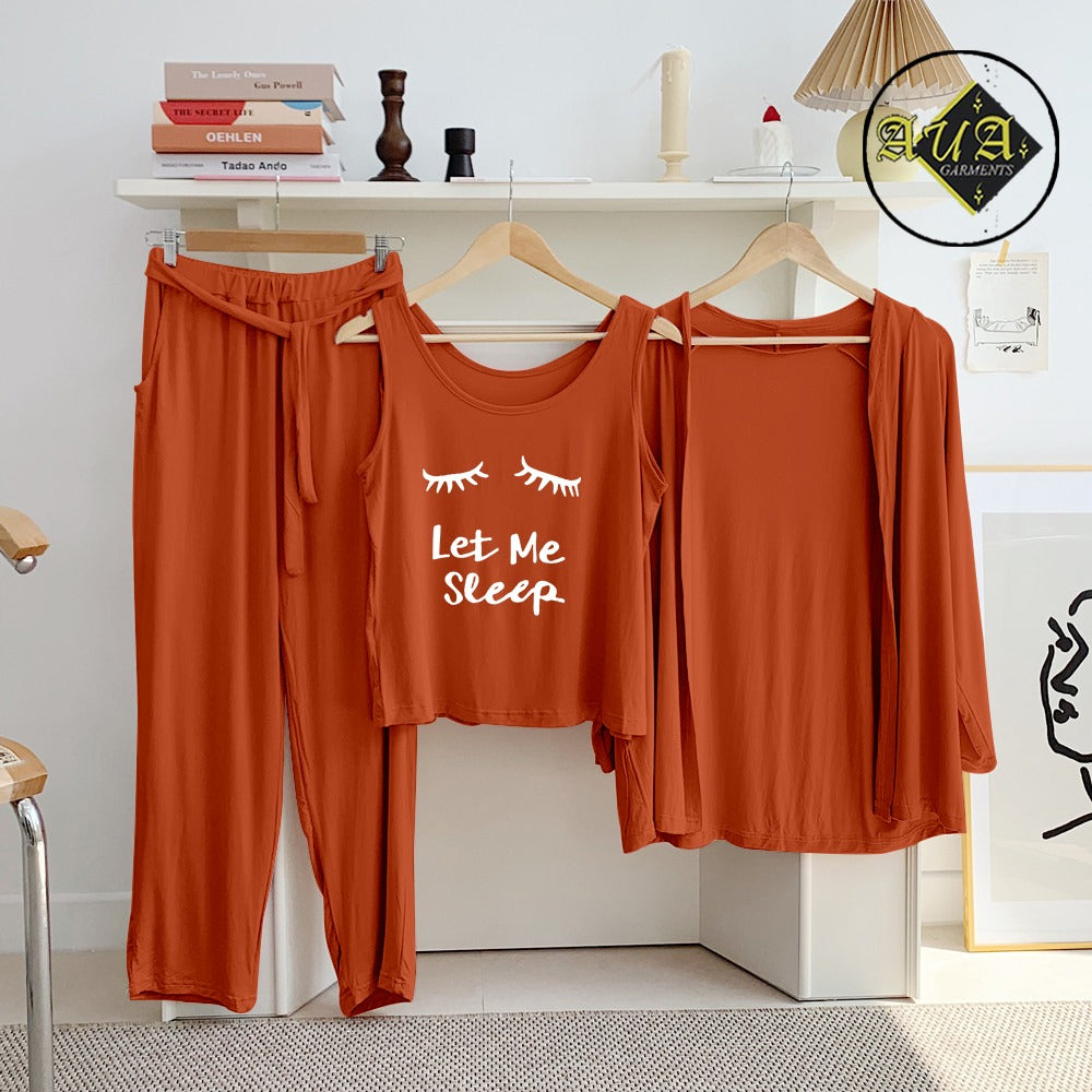 Brown Let Me Sleep 3 Piece Lounge wear Nightwear Sleepwear For Women