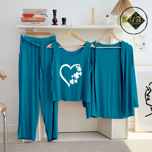 Aqua Blue Flower Heart 3 Piece Lounge wear Nightwear Sleepwear For Women