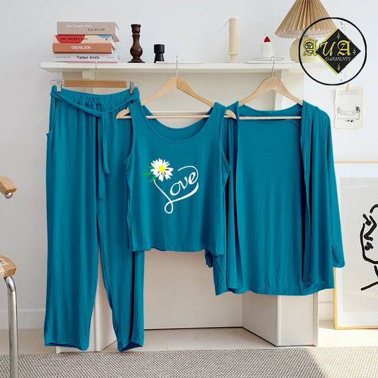 Aqua Blue tre3 Piece Lounge wear Nightwear Sleepwear For Women