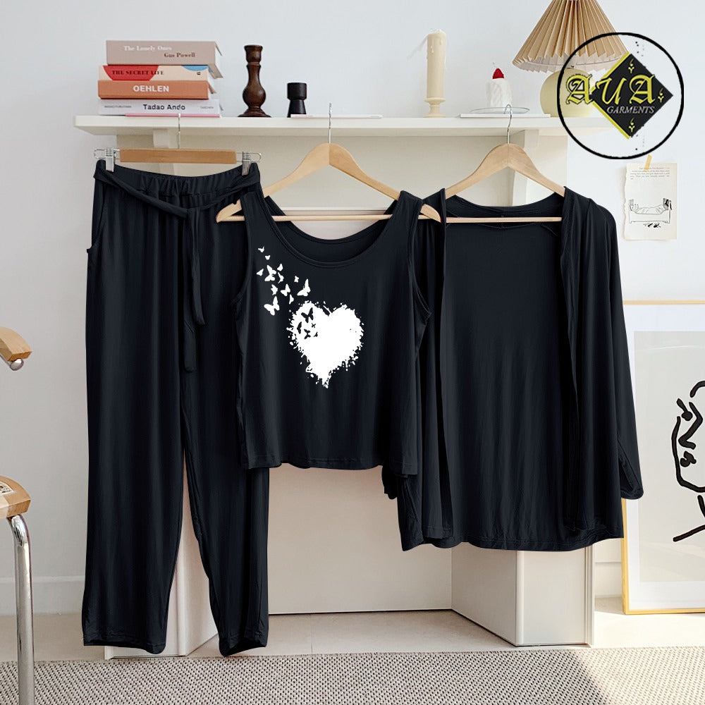 Black flying Butterfly Heart 3 Piece Lounge wear Nightwear Sleepwear For Women