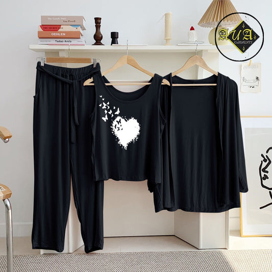 Black flying Butterfly Heart 3 Piece Lounge wear Nightwear Sleepwear For Women