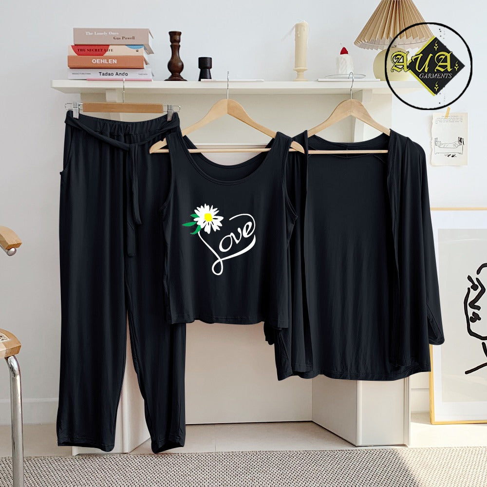 Blacl Trendy Love 3 Piece Lounge wear Nightwear Sleepwear For Women