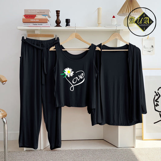 Blacl Trendy Love 3 Piece Lounge wear Nightwear Sleepwear For Women