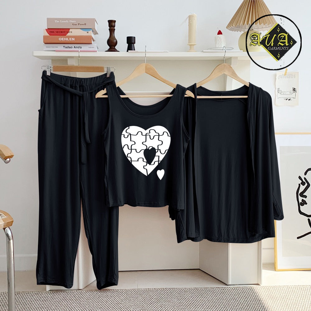 Black Puzzel Heart 3 Piece Lounge wear Nightwear Sleepwear For Women