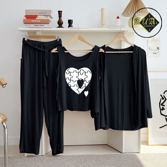 Black Puzzel Heart 3 Piece Lounge wear Nightwear Sleepwear For Women