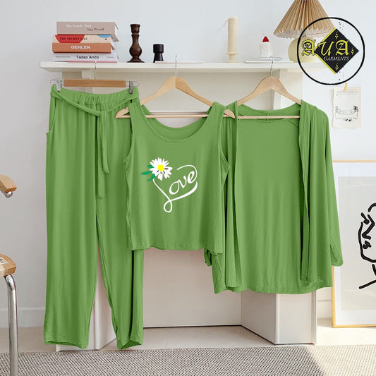 Sea Green Trendy Love 3 Piece Lounge wear Nightwear Sleepwear For Women