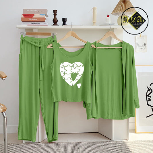 Sea Green Puzzel Heart 3 Piece Lounge wear Nightwear Sleepwear For Women