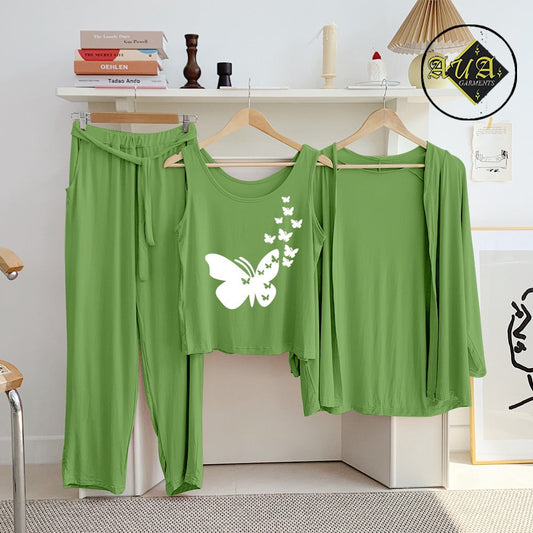 Sea Green flying Butterfly 3 Piece Lounge wear Nightwear Sleepwear For Women