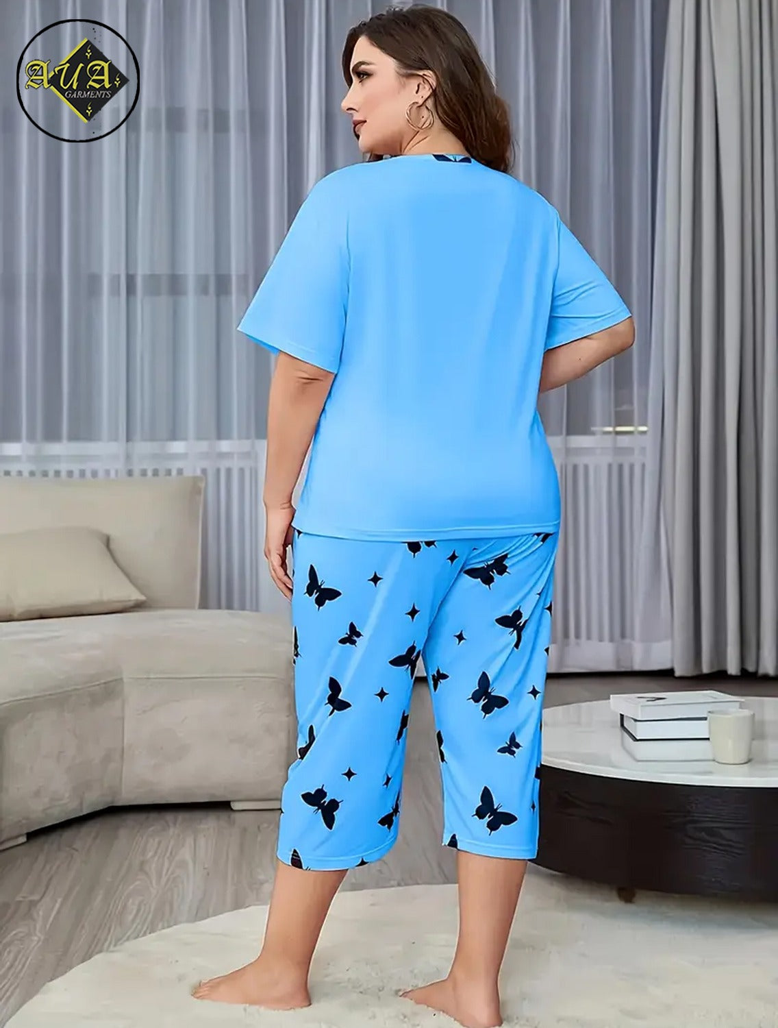 Sky Blue Butterfly Heart Printed Half-Sleeved Vest For Leisure Home Wear Female Sleepwear Night Dress By Aua garments