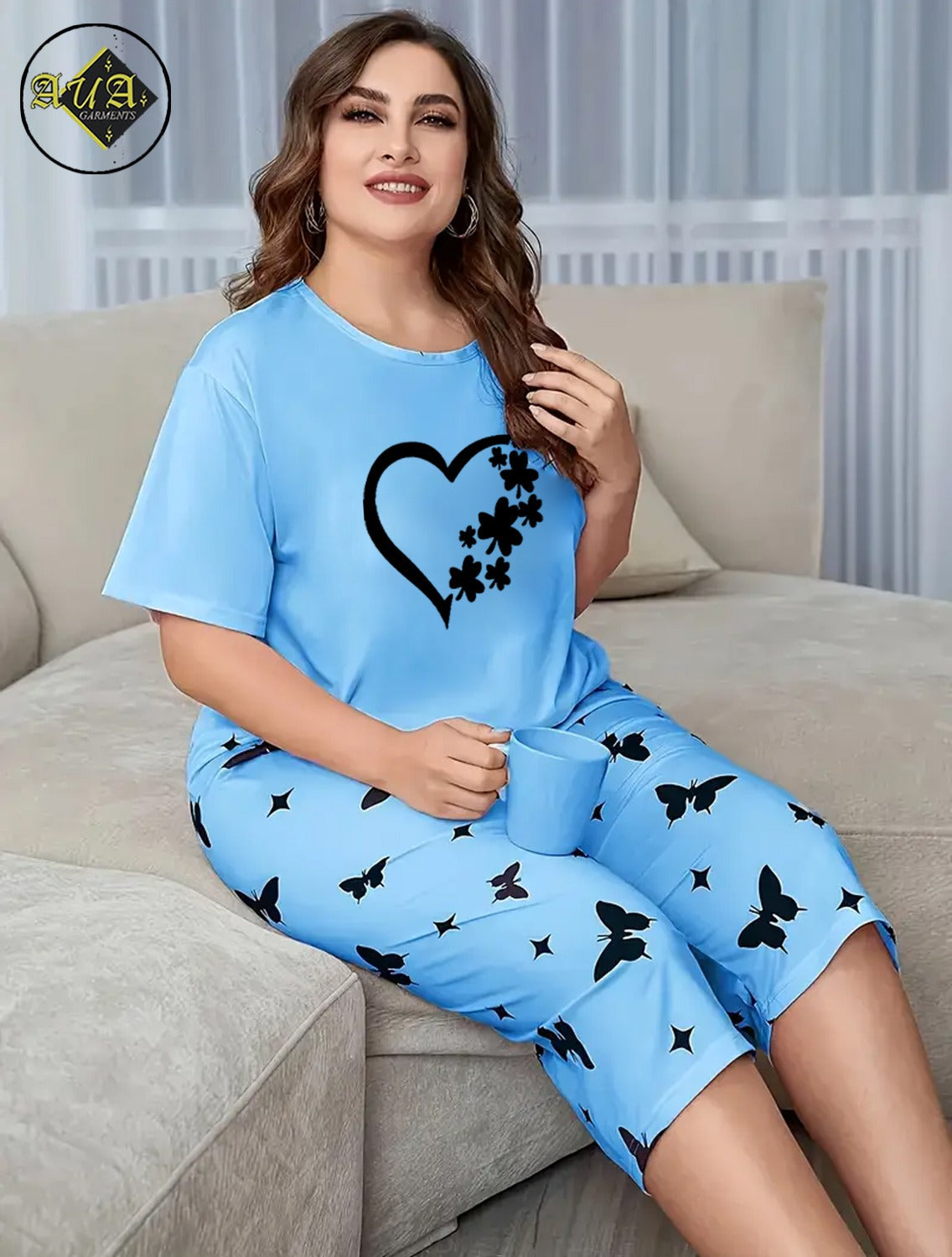 sky blue Women Heart Printed Half-Sleeved Vest For Leisure Home Wear Female Sleepwear Night Dress By Aua garments