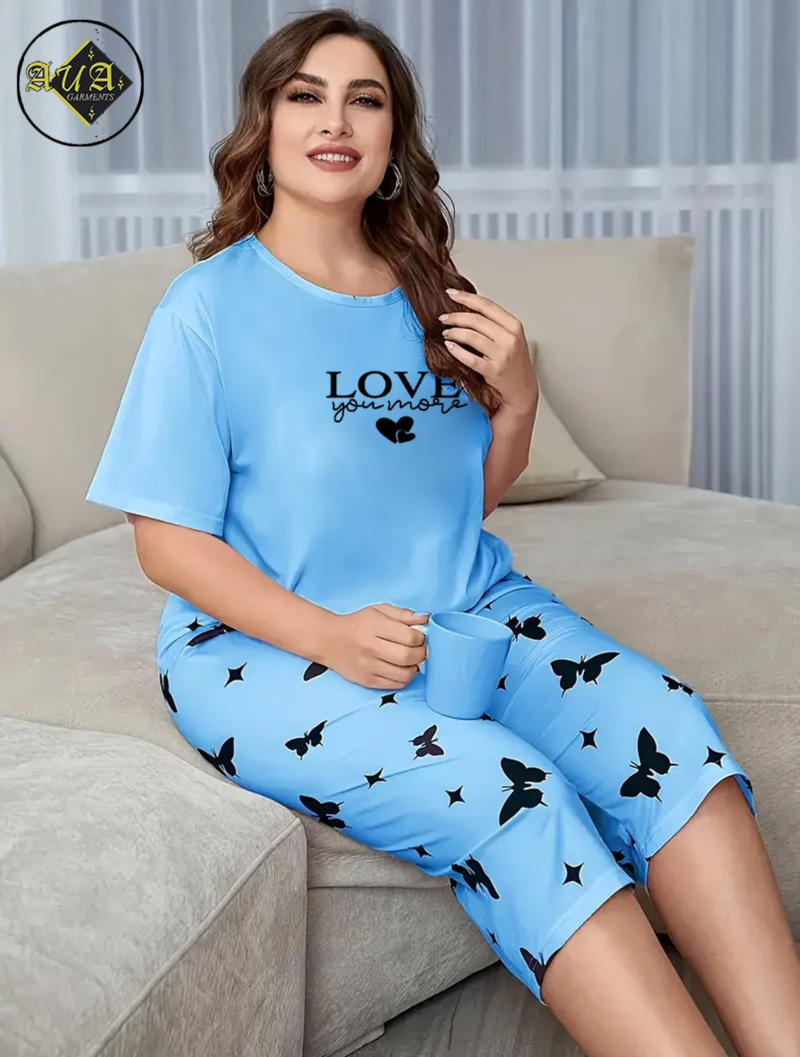Sky Blue Love Printed Half-Sleeved Vest For Leisure Home Wear Female Sleepwear Night Dress By Aua garments