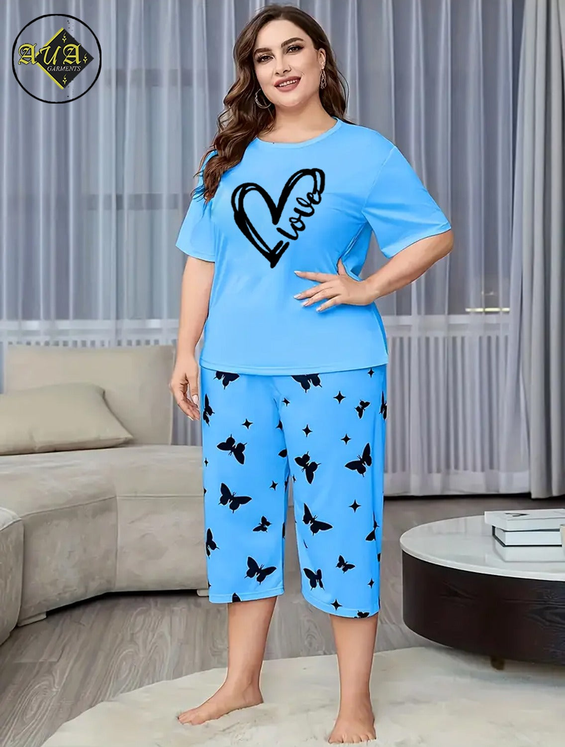 Sky Blue Love Heart Printed Half-Sleeved Vest For Leisure Home Wear Female Sleepwear Night Dress By Aua garments