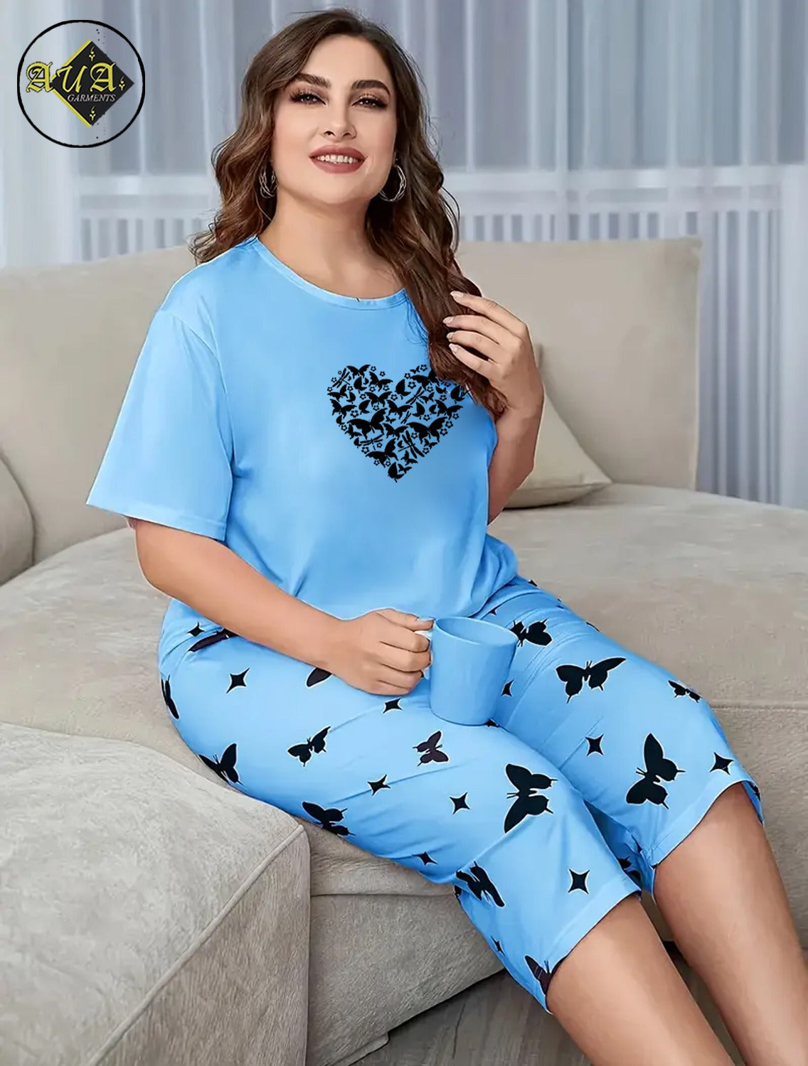 Sky Blue Butterfly Heart Printed Half-Sleeved Vest For Leisure Home Wear Female Sleepwear Night Dress By Aua garments