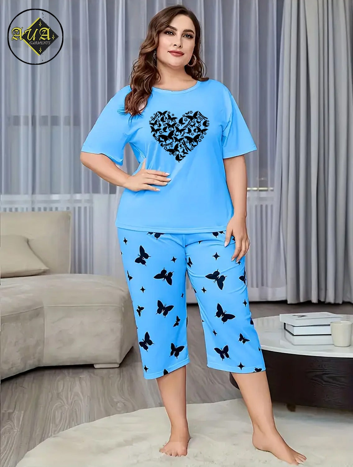 Sky Blue Butterfly Heart Printed Half-Sleeved Vest For Leisure Home Wear Female Sleepwear Night Dress By Aua garments
