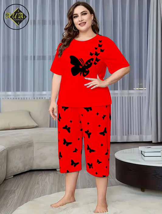 Red Flying Butterfly Printed Half-Sleeved Vest For Leisure Home Wear Female Sleepwear Night Dress By Aua garments
