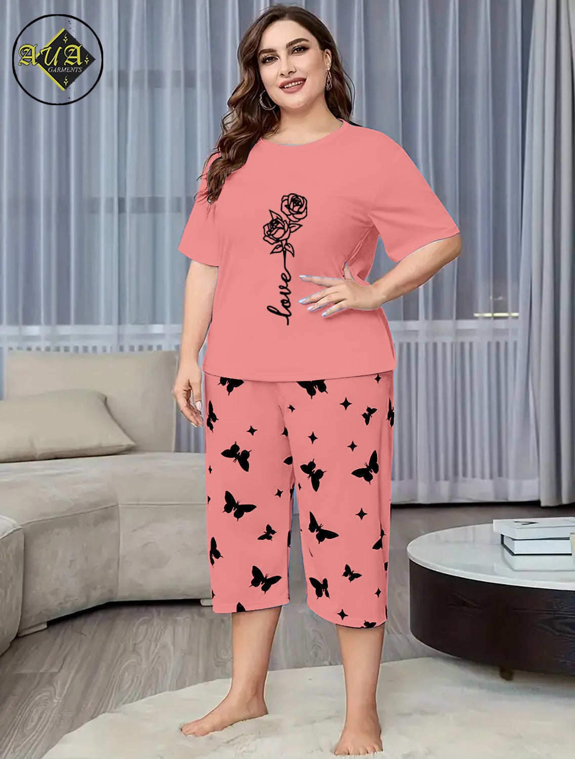 Peach Rose Love Printed Half-Sleeved Vest For Leisure Home Wear Female Sleepwear Night Dress By Aua garments