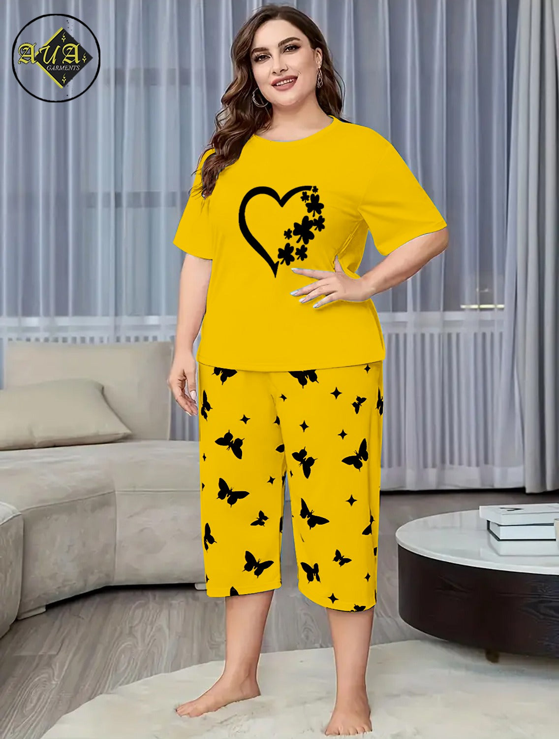 Yellow women Heart Printed Half-Sleeved Vest For Leisure Home Wear Female Sleepwear Night Dress By Aua garments