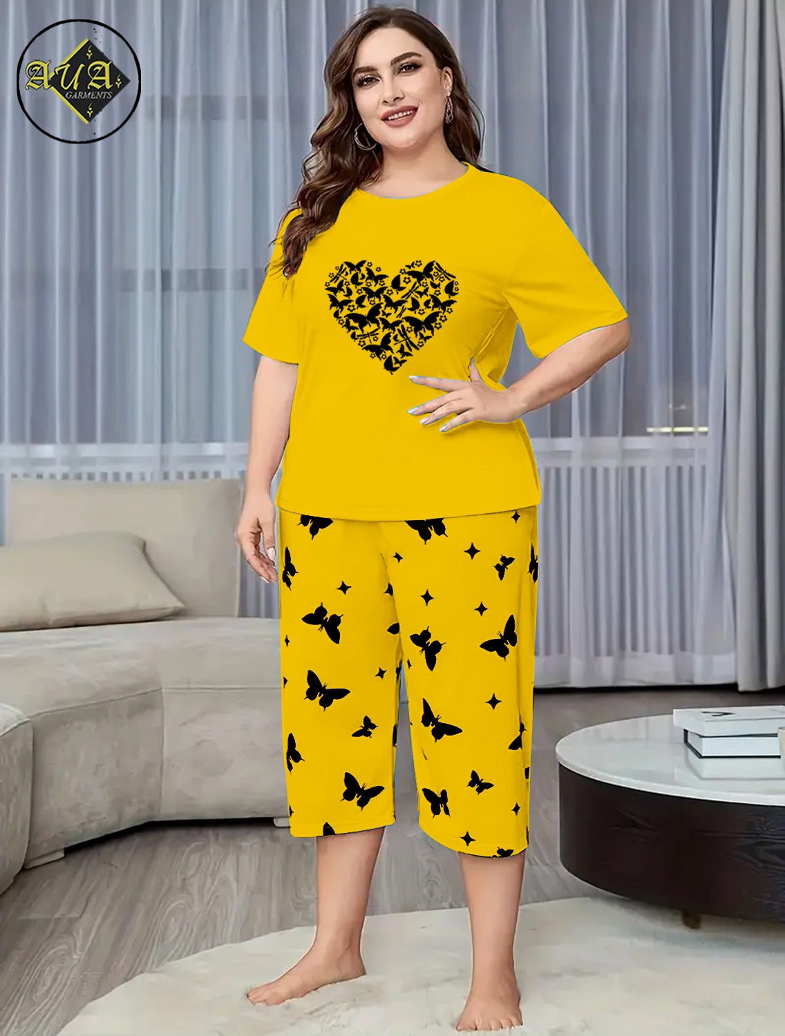 Yellow Butterfly Heart Printed Half-Sleeved Vest For Leisure Home Wear Female Sleepwear Night Dress By Aua garments
