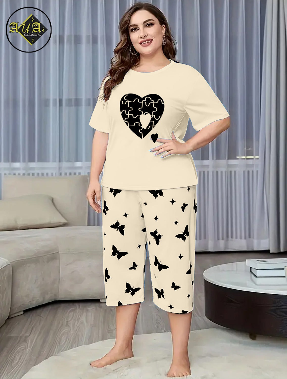 Grey Puzzel Heart Printed Half-Sleeved Vest For Leisure Home Wear Female Sleepwear Night Dress By Aua garments