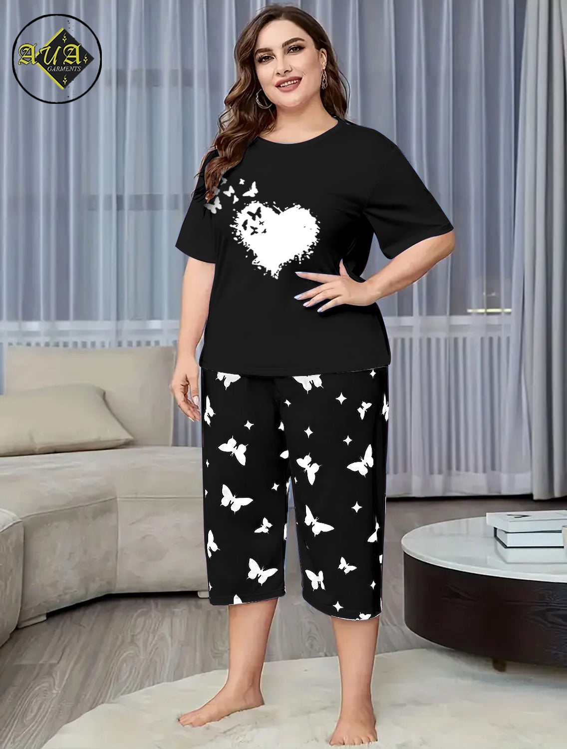 Black Flying Heart Printed Half-Sleeved Vest For Leisure Home Wear Female Sleepwear Night Dress By Aua garments