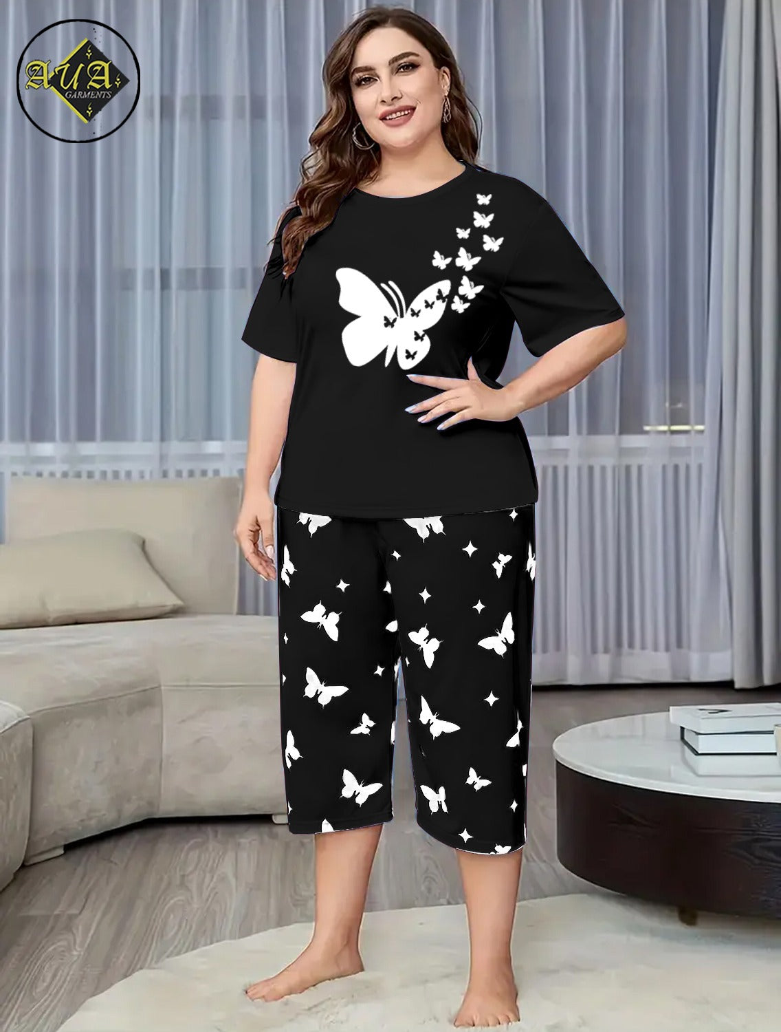 Black Flying Butterfly Printed Half-Sleeved Vest For Leisure Home Wear Female Sleepwear Night Dress By Aua garments