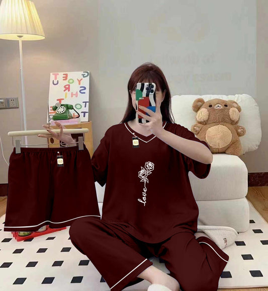 3-Piece Cami Nightwear Set for Women with Elegant White Borders Maroon Rose  Love