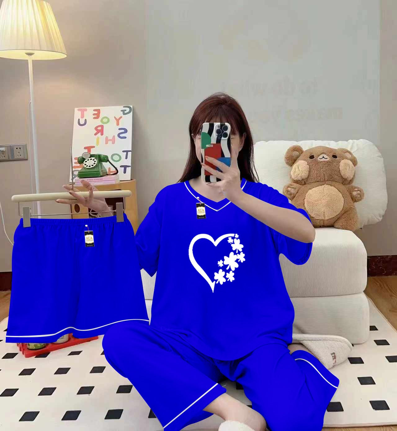 3-Piece Cami Nightwear Set for Women with Elegant White Borders Sky Blue women Heart