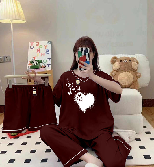 3-Piece Cami Nightwear Set for Women with Elegant White Borders Maroon Flying heart