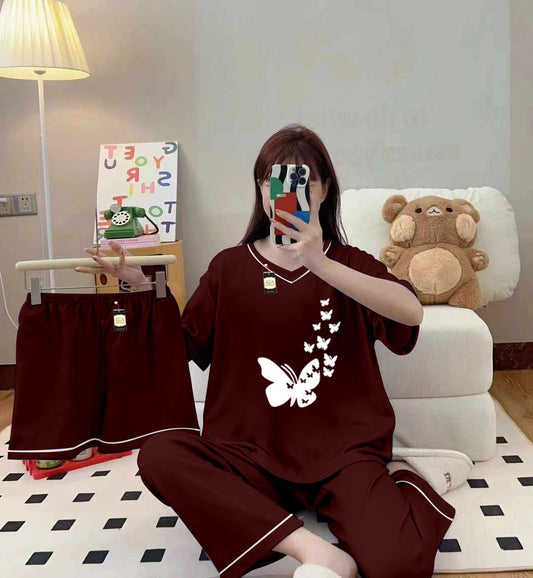 3-Piece Cami Nightwear Set for Women with Elegant White Borders Maroon Flying Butterfly