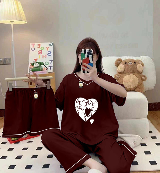 3-Piece Cami Nightwear Set for Women with Elegant White Borders Maroon Puzzel heart