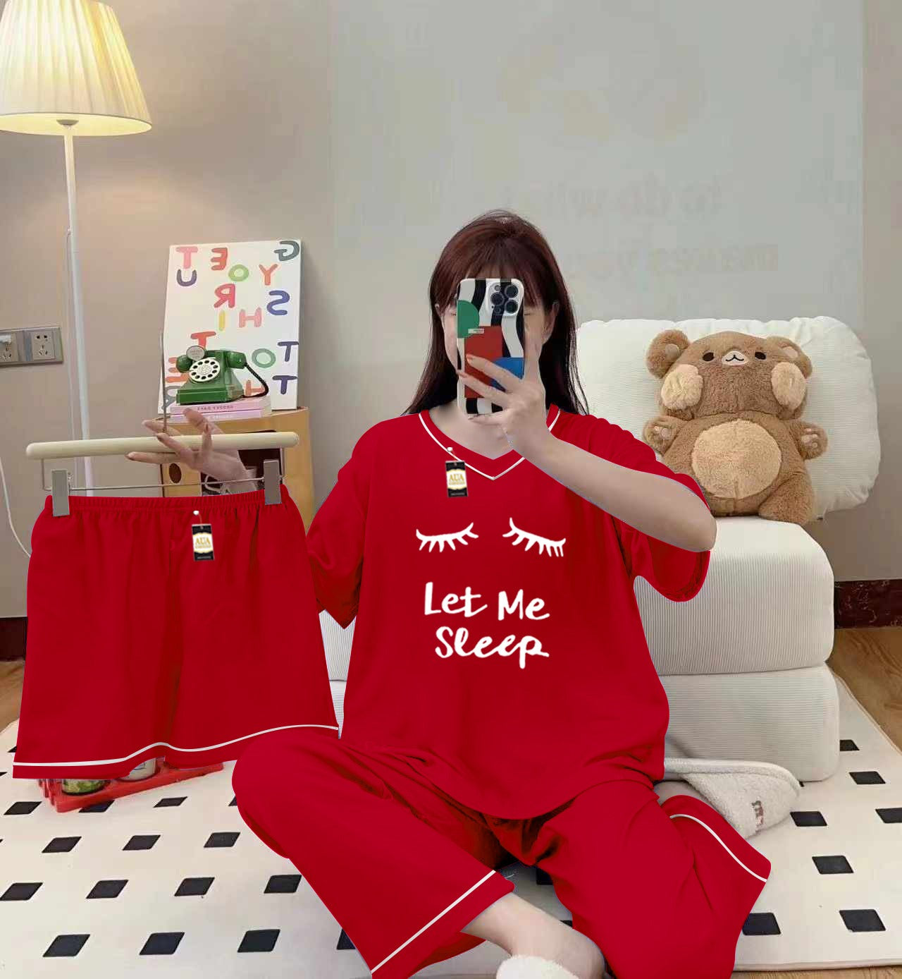 3-Piece Cami Nightwear Set for Women with Elegant White Borders Red Let Me Sleep